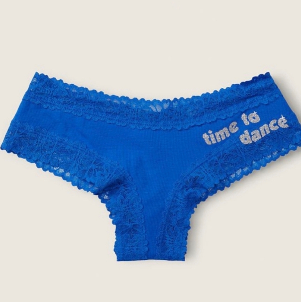 Victoria's Secret PINK Cheekster Tanga Panty NWT Royal Blue Lace Glitter Detail